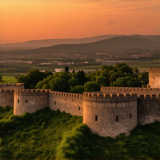 Panoramic sunset view of Soko Grad fortress and lush green landscape