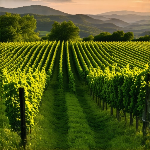 Scenic sunset view over lush Tikveš vineyards