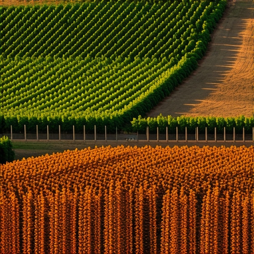 Sunset over Tikveš vineyards with lush greenery and wine cellars