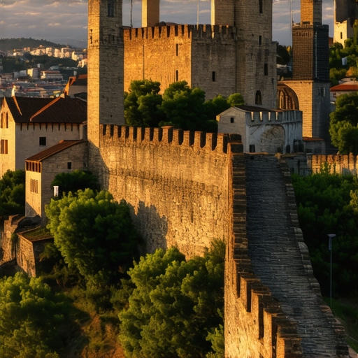 Sunset view of Veliko Tarnovo fortress and surrounding landscape