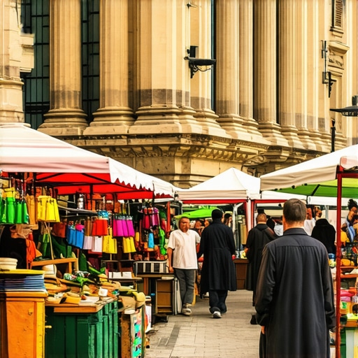 Colorful street market in Izmir with local vendors and traditional architecture.