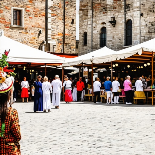 Colorful street scene in Prizren showing historic architecture and local festivities