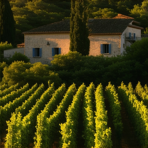 Sunset over a vineyard in Hvar with grapevines and traditional stone buildings.