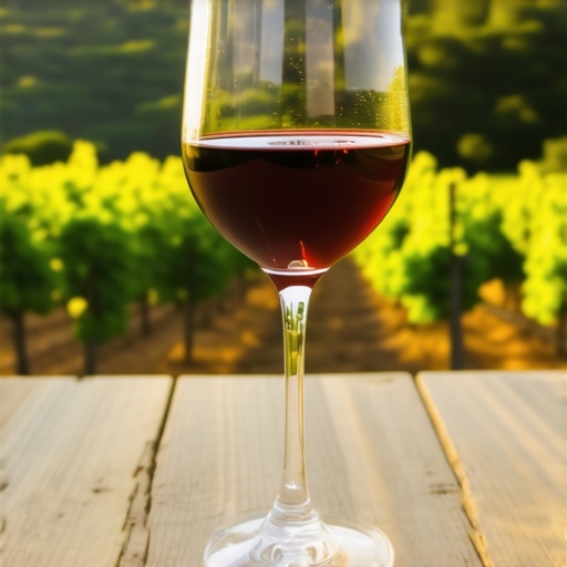 Vino u čaši na drvenom stolu s pogledom na vinograde na Hvaru