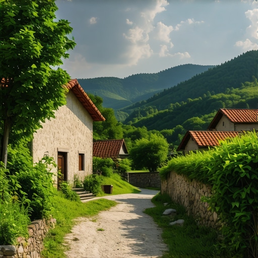 Authentic Balkan Village Landscape Scenic view of a traditional Balkan village with lush greenery and rustic houses
