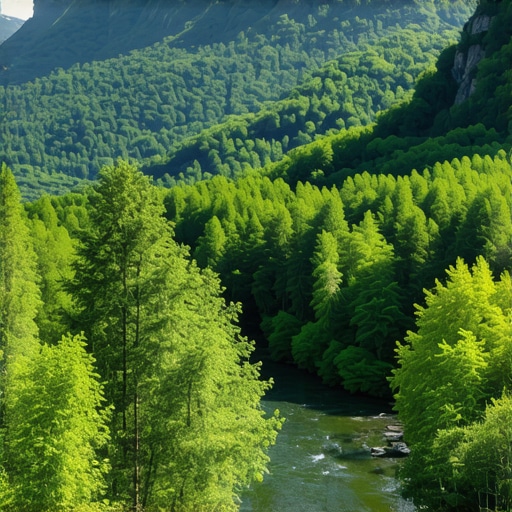 Beautiful Balkan landscape with forests, mountains, and river, highlighting natural beauty and environmental preservation.