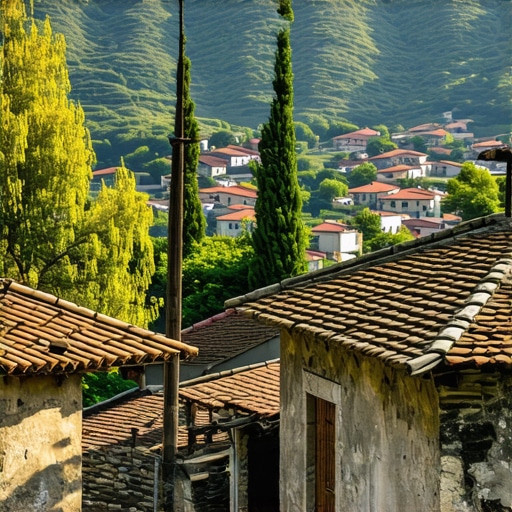 Scenic view of Balkan mountains with a traditional village