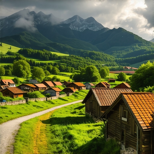 Scenic view of Balkan mountains, river, and traditional village