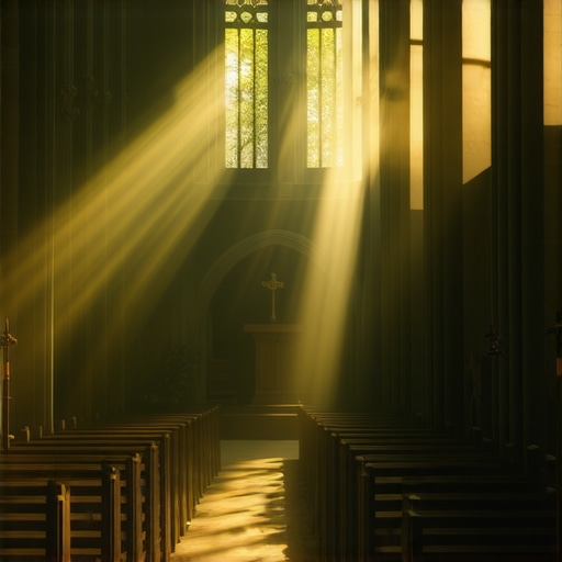 Peaceful ancient church in nature with sunlight