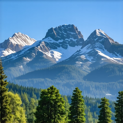 Snow-covered peaks of Durmitor mountain with lush green forests