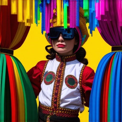 Vibrant festival scene in Timișoara with traditional costumes and augmented reality technology.