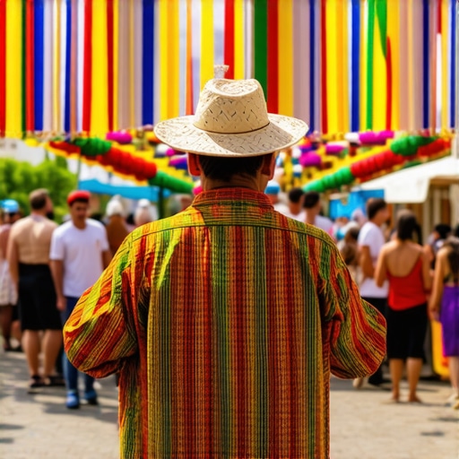Colorful festival scene in Burgas with traditional music and food stalls.