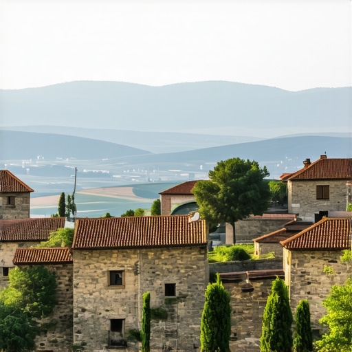 Scenic view of a traditional Balkan village nestled among lush landscapes, showcasing cultural heritage and natural beauty.