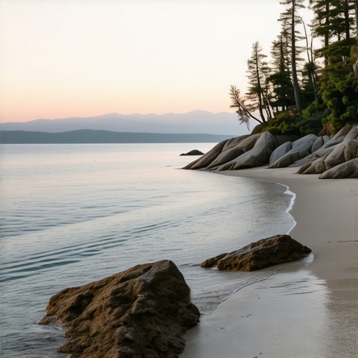 Serene hidden beach with crystal-clear water and pine trees at sunset