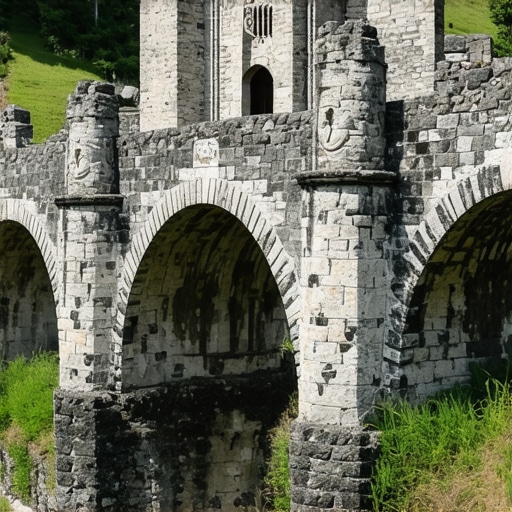 Historic stone bridge in Balkans with folklore symbols