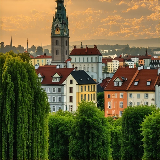 An artistic depiction of Ljubljana's historic old town showcasing layers of culture and nature