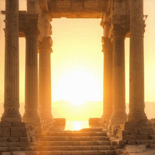 Magične antičke ruševine na sunset svetlu Sunset over ancient ruins with Mediterranean scenery