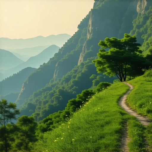 Mirne planinske pejzaže za duhovno isceljenje Planinska scena sa izlaskom sunca i stazom za meditaciju