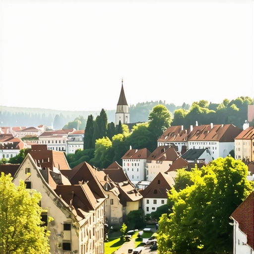 Beautiful panoramic view of Ljubljana with historic buildings and lush green surroundings in sunlight.