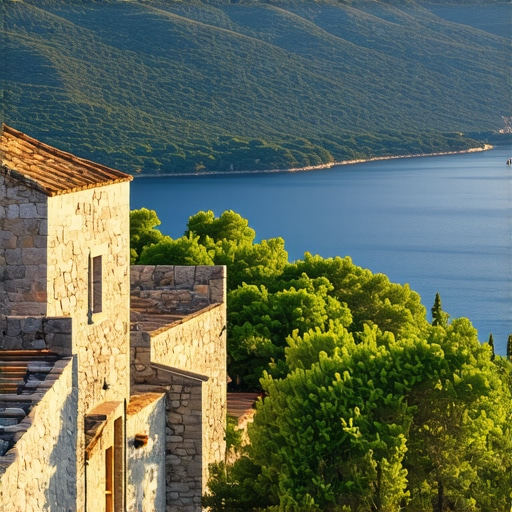 Panoramic landscape of Makarska coast and Mljet island from mountain peak