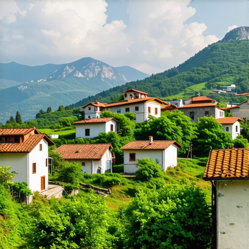 Beautiful landscape of Krushevo with traditional houses and lush mountains