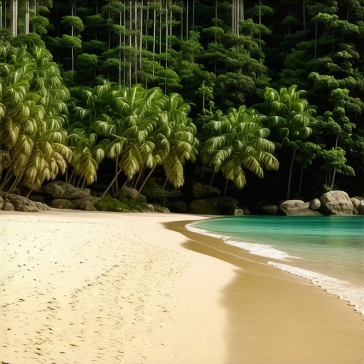 Secluded beach with clear water and green surroundings, accessible through a forest trail.