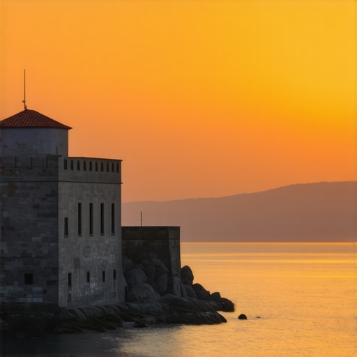 Beautiful sunset view of Forte Mare's historic walls at dusk