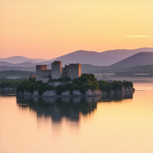 Golubac fortress at sunset with Danube river view