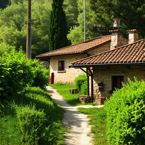 Scenic view of a traditional Balkan village with rustic houses and green surroundings