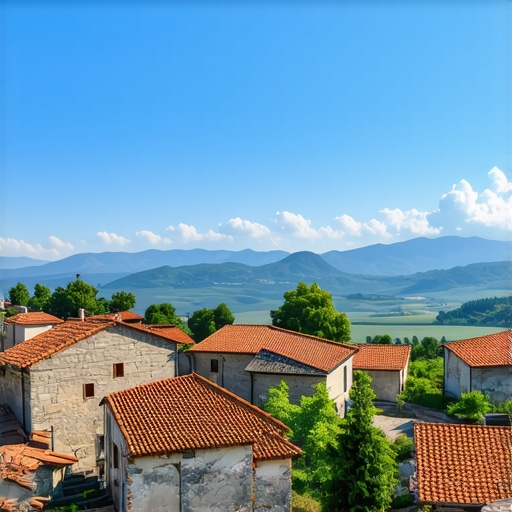 Scenic view of a traditional Balkan village with historic architecture and lush landscape