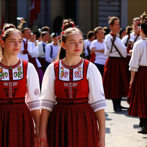 Colorful traditional festival in Kičevo with locals in folk costumes