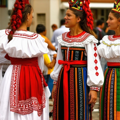 Traditional Balkan costumes, music, and dance at a colorful cultural festival.