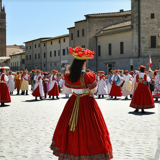 Traditional costumes and dance at a cultural festival in a historic town square