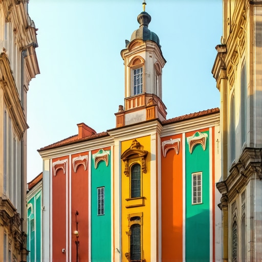 Colorful street with historic buildings and lively crowd in Timișoara