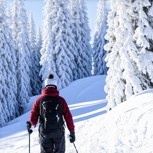 Snowy mountain scene with skiers and pine trees under blue sky