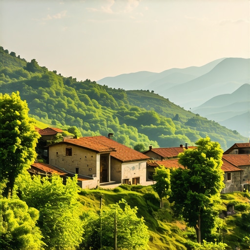 Authentic Balkan Village in Nature A picturesque view of a secluded Balkan village nestled among green mountains, showcasing traditional architecture and natural beauty.