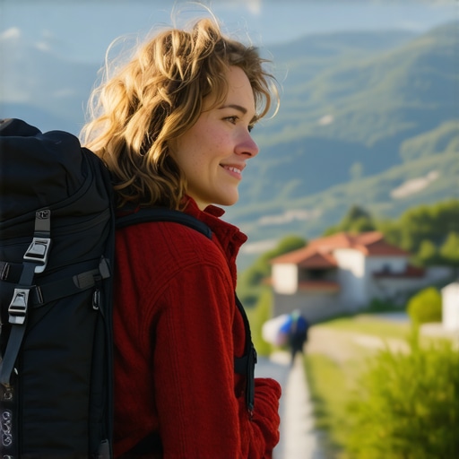 Authentic Balkan village exploration Traveler exploring remote Balkan village with mountain landscape in background