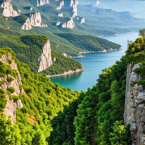 Scenic view of Balkan mountains and coastline, vibrant and inviting