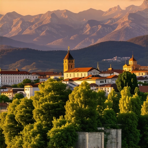 Sunset over Balkan mountains with historical landmarks in the foreground