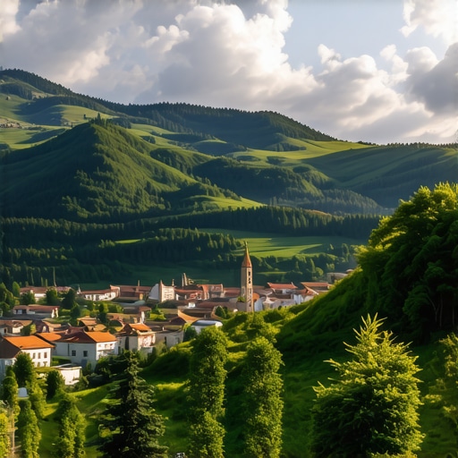 Scenic landscape of Balkan mountains with historic towns