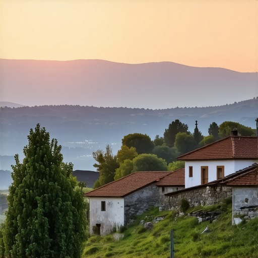 Balkanski pejzaž sa tradicionalnim kućama i planinama tokom zalaska sunca