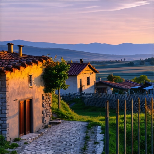 Scenic view of a traditional Balkan village at sunset with lush greenery and colorful houses