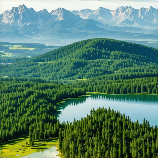 Aerial shot showing Balkan mountain ranges with lush greenery and clear lakes, emphasizing natural beauty