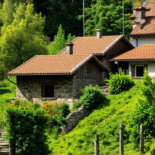Slika tradicionalnog sela na Balkanu sa kućama od drveta i zelenilom