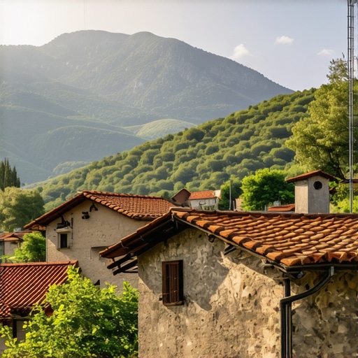Selo na Balkanu sa tradicionalnim kućama i planinskim pejzažem