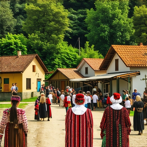 Authentic Balkan Village Life Local people in traditional dress participating in village festivities in the Balkans