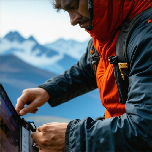 Traveler updating gadgets outdoors