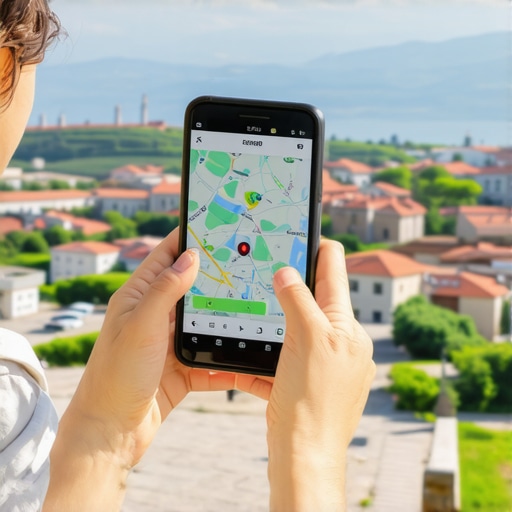 Traveler using smartphone with Balkan scenery in background