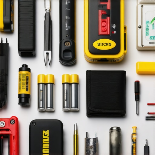 Detalj održavane opreme za putovanja poput multifunkcionalnog alata i baterija na otvorenom.