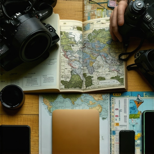 Person arranging travel gear, maps, and camera on a desk for Balkan exploration